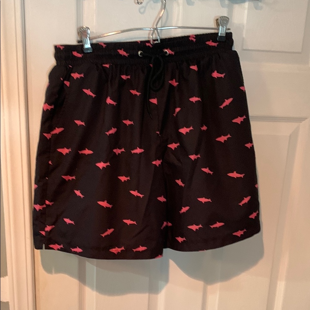 Amazon Men Large Swim Trunks - Black and Pink Shark Pattern with no mesh lining